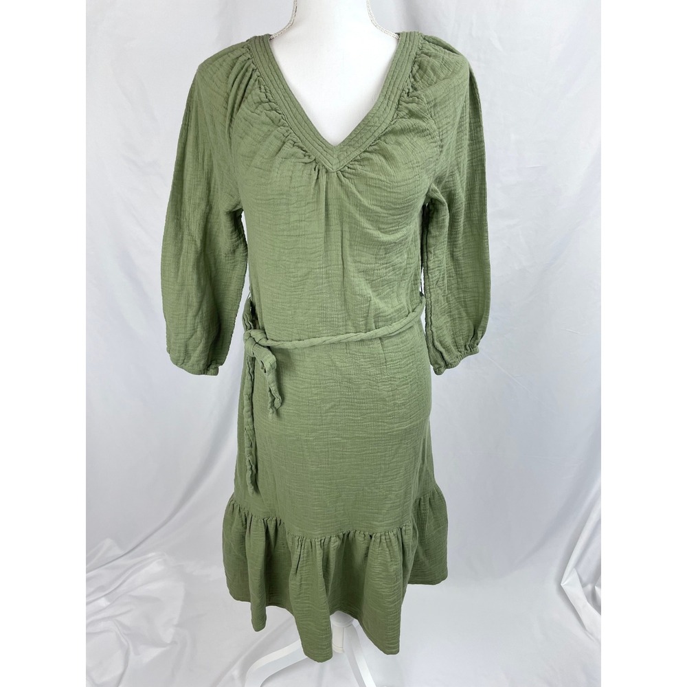 Lucky Brand Women XS Green Textured Belted Shirt Dress‎ Cotton Peasant V-Neck